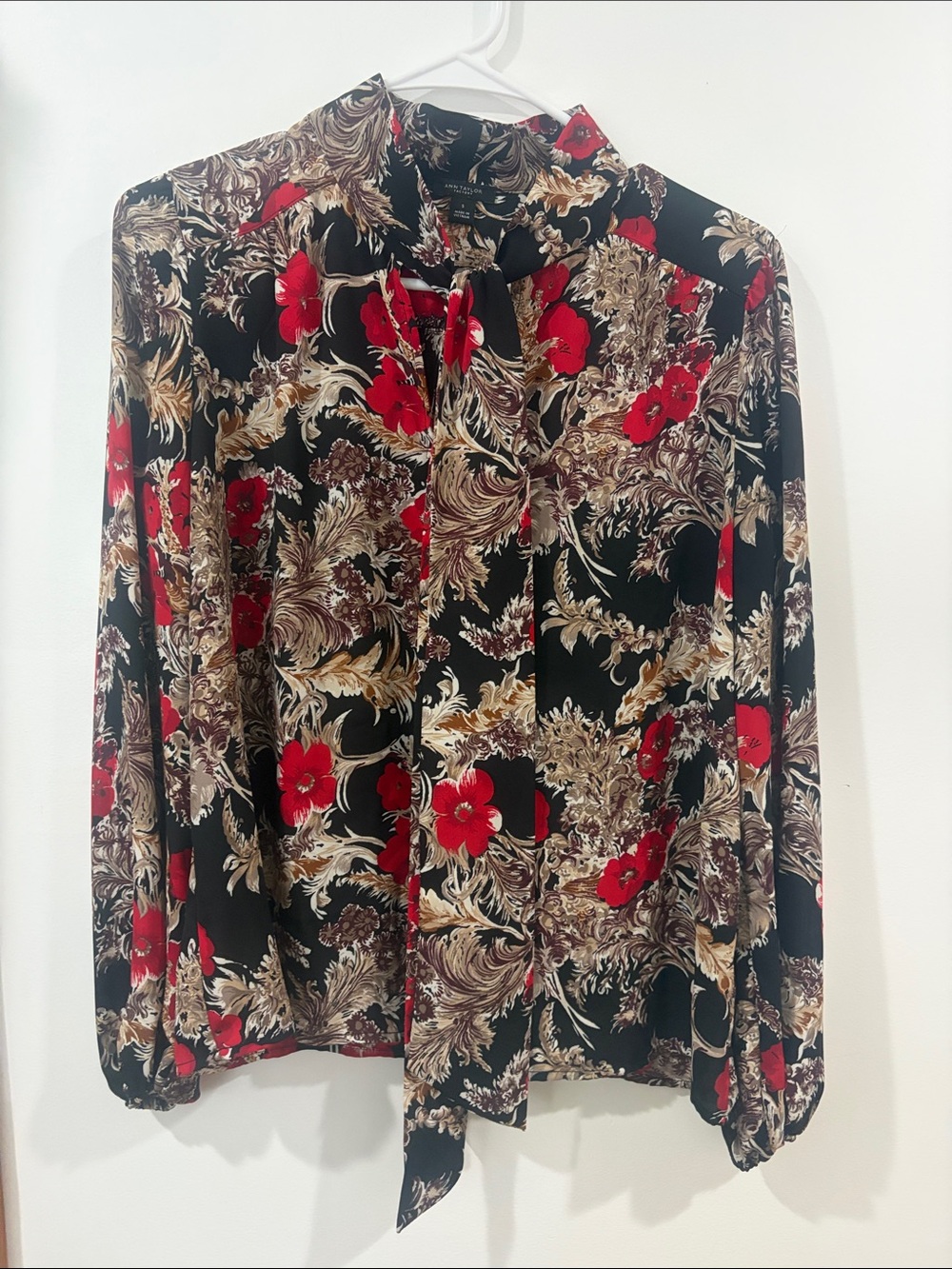 Ann Taylor Black Blouse with Red Floral & Tan Scroll Print